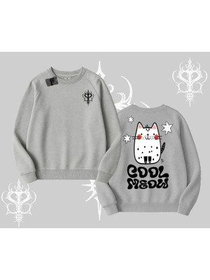 Cool Meow Yazılı Sevimli Kedi Arka Baskılı Biskilet Sweatshirt