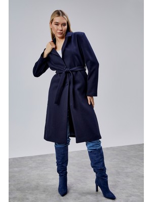Bolivente Kadın Lacivert Kuşaklı Düğmeli Uzun Kaban