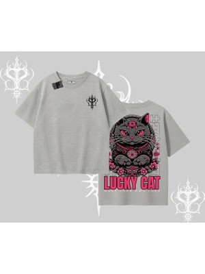 Lucky Cat Japon Tarzı Kedi Baskılı Oversize Tshirt
