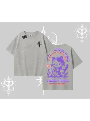 Family Time Yazılı Sevimli Anne Kedi Arka Baskılı Oversize Tshirt