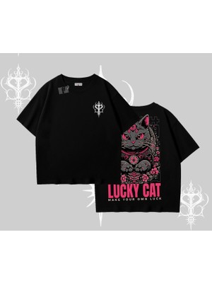 Lucky Cat Japon Tarzı Kedi Baskılı Oversize Tshirt