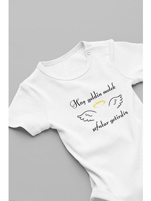 Organik %100 Pamuk Hoş Geldin Melek Yazılı Bebek Body Badi Çıtçıtlı Zıbın Tulum 5728