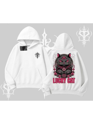 Lucky Cat Japon Tarzı Kedi Baskılı Kapşonlu Sweatshirt