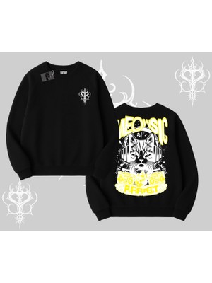 Meowsic Purrfect Kedi Arka Baskılı Biskilet Sweatshirt