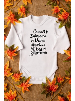 Organik %100 Pamuk Babannem ve Dedem Ben Geliyorum Uzun Kollu Çıtçıtlı Bebek Body Badi Zıbın 5576