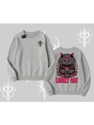 Lucky Cat Japon Tarzı Kedi Baskılı Biskilet Sweatshirt