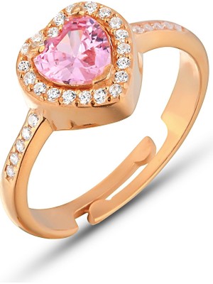 Zanaat Silver 925 Ayar Gümüş Pırlanta Montürlü Pembe Taşlı Ayarlanabilir Kalp Yüzük