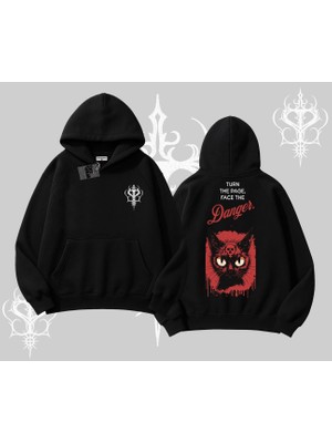 Gotik Kedi Arka Baskılı Kapşonlu Sweatshirt