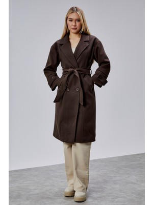 Bolivente Kadın Oversize Acı Kahve Kuşaklı Kaşe Kaban Polyester Uzun Kol Düz Desenli