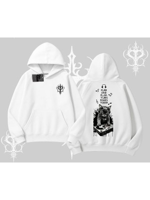 Dj Kedi Baskılı Müzik Temalı Kapşonlu Sweatshirt