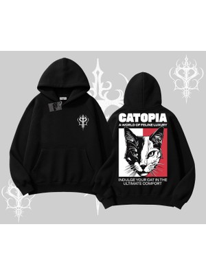 Modern Kedi Temalı Arka Baskılı Kapşonlu Sweatshirt