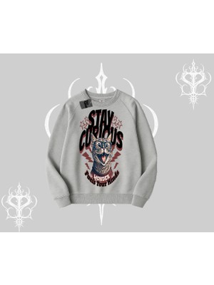 Stay Curious Kedi Baskılı Biskilet Sweatshirt