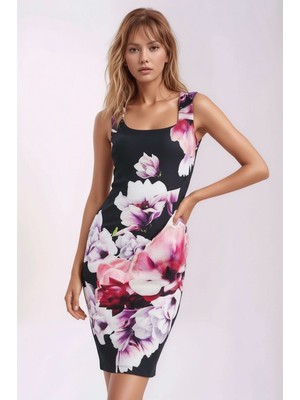 Mamayaga Kadın  Kare Yaka Askılı Çiçek Desenli Belden Oturmalı Şık Toparlayıcı Büzgü Detay Elbise