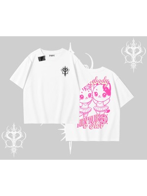Born To Be A Star Yazılı Sevimli Kedi Arka Baskılı Oversize Tshirt