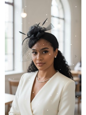 Retro Siyah Nikah Şapkası - Vintage Stil Tüllü Abiye Saç Tokası