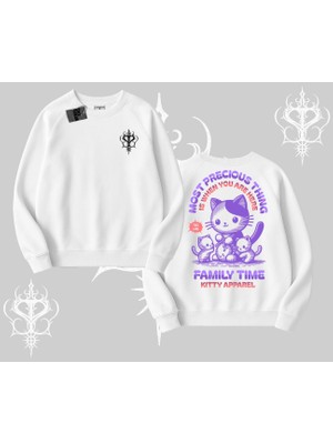 Family Time Yazılı Sevimli Anne Kedi Arka Baskılı Biskilet Sweatshirt
