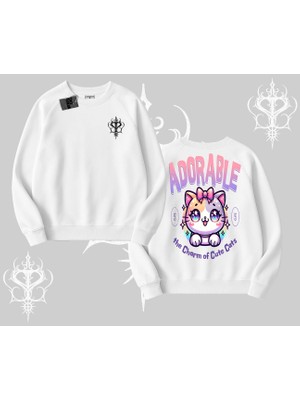 Adorable Kawaii Kedi Arka Baskılı Biskilet Sweatshirt