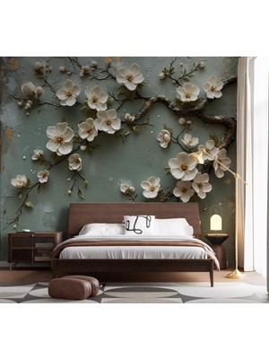 Grown Mint Yeşili Zemin Üzerine Beyaz Çiçekli Duvar Kağıdı