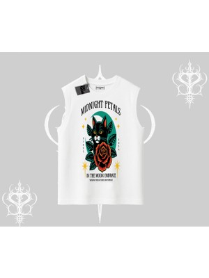 Midnight Petals Kedi Baskılı Kolsuz Tshirt