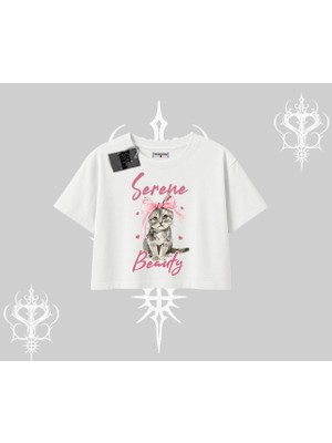 Serene Beauty Kedi Baskılı  Oversize Crop Tshirt