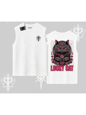Lucky Cat Japon Tarzı Kedi Baskılı Kolsuz Tshirt