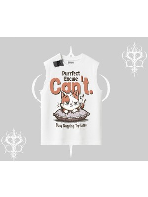 Kedi Baskılı Cant Busy Napping Y2K  Kolsuz Tshirt