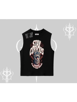 Stay Curious Kedi Baskılı Kolsuz Tshirt