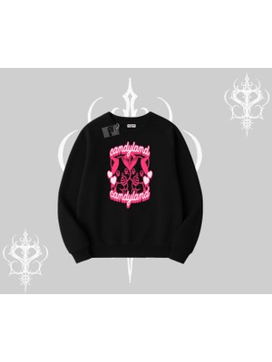 Candyland Yazılı Sevimli Kedi Baskılı Oversize Crop Tshirt
