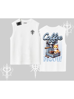Coffee Meow Kahve Temalı Kedi Arka Baskılı Kolsuz Tshirt