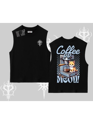 Coffee Meow Kahve Temalı Kedi Arka Baskılı Kolsuz Tshirt