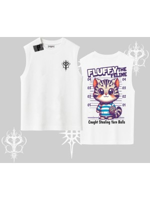 Fluffy The Feline Yazılı Sevimli Kedi Arka Baskılı Kolsuz Tshirt
