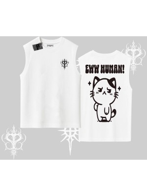 Sevimli Kedi Çizimli Arka Baskılı Kolsuz Tshirt