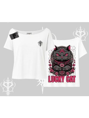 Lucky Cat Japon Tarzı Kedi Baskılı Kayık Yaka Tshirt