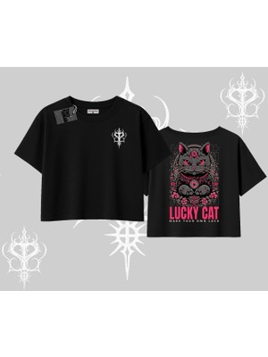 Lucky Cat Japon Tarzı Kedi Baskılı Oversize Crop Tshirt