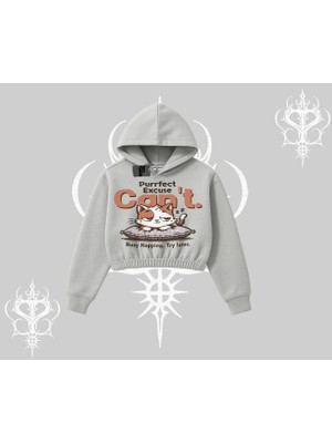 Kedi Baskılı Cant Busy Napping Y2K  Kapşonlu Crop Sweatshirt