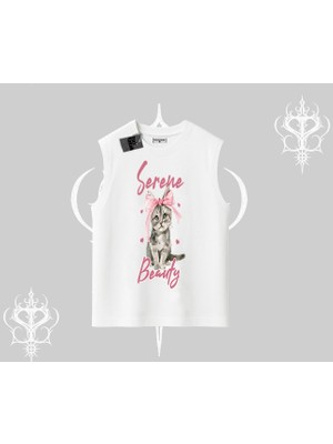 Serene Beauty Kedi Baskılı  Kolsuz Tshirt