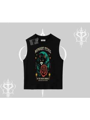 Midnight Petals Kedi Baskılı Kolsuz Tshirt