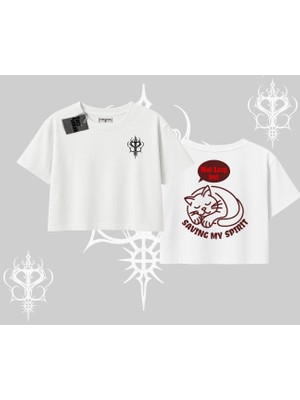 Not Lazy Saving My Spirit Kedi Baskılı Oversize Crop Tshirt