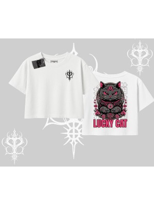 Lucky Cat Japon Tarzı Kedi Baskılı Oversize Crop Tshirt