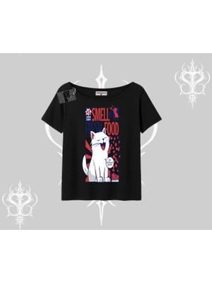 Smell Of Fresh Food Kedi Baskılı Kayık Yaka Tshirt