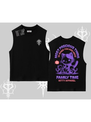 Family Time Yazılı Sevimli Anne Kedi Arka Baskılı Kolsuz Tshirt