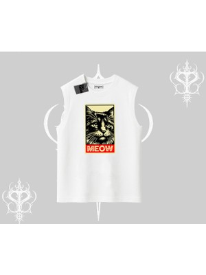 Meow Yazılı Kedi Portre Baskılı Kolsuz Tshirt