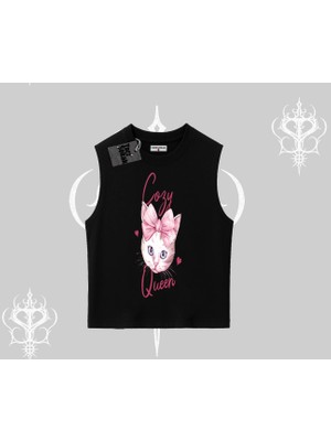 Cozy Queen Kedi Baskılı Kolsuz Tshirt