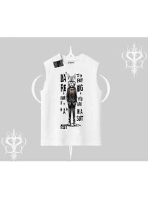 Dream Big Yazılı Takım Elbiseli Kedi Baskılı Kolsuz Tshirt