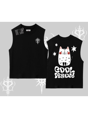 Cool Meow Yazılı Sevimli Kedi Arka Baskılı Kolsuz Tshirt