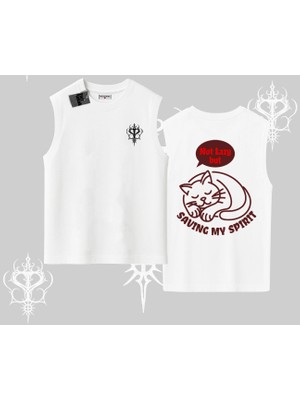 Not Lazy Saving My Spirit Kedi Baskılı Kolsuz Tshirt