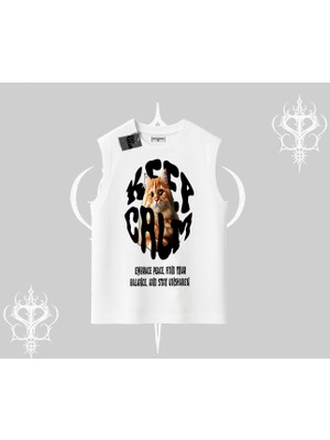 Keep Calm Yazılı Kedi Baskılı Streetwear Kolsuz Tshirt