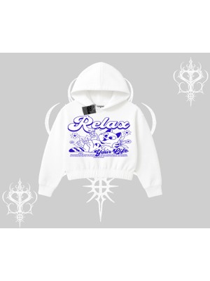 Relax Kedi Baskılı Kapşonlu Crop Sweatshirt