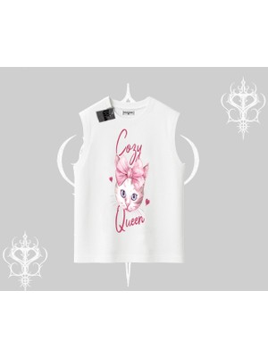 Cozy Queen Kedi Baskılı Kolsuz Tshirt
