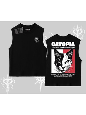 Modern Kedi Temalı Arka Baskılı Kolsuz Tshirt